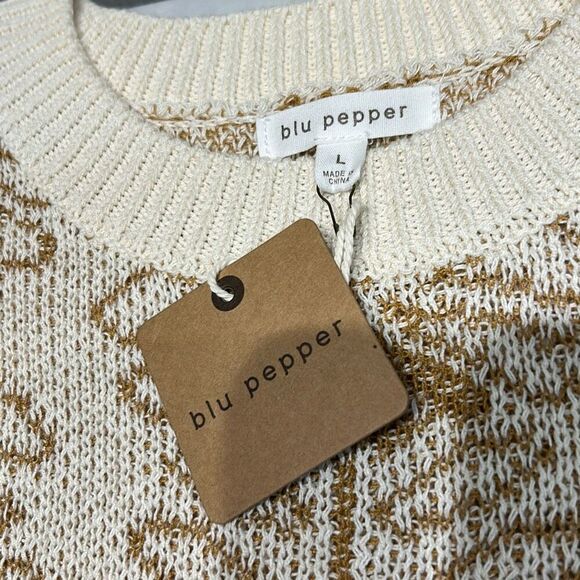 NEW blu pepper Sleeveless Sweater Vest Floral Pattern Sz Large Knit Beige Tan - Picture 5 of 7